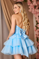 Load image into Gallery viewer, Sparkly Blue Tiered Strapless Short Prom Dress with Bow