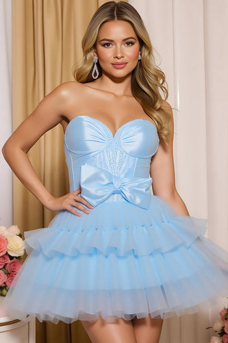 Blue A Line Sweetheart Ruffled Short Prom Dress with Bow