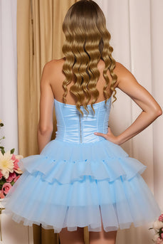 Blue A Line Sweetheart Ruffled Short Prom Dress with Bow