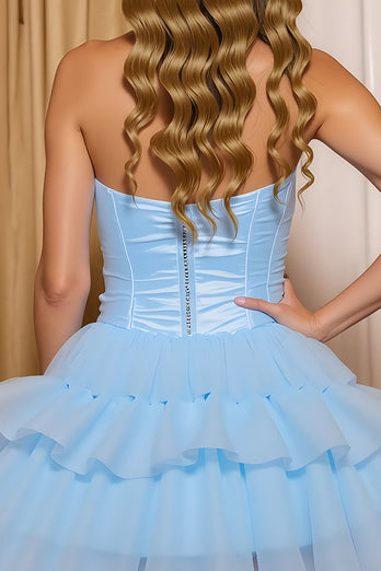 Blue A Line Sweetheart Ruffled Short Prom Dress with Bow