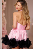 Load image into Gallery viewer, Pink Satin Halter Short Corset Prom Dress with Ruffles