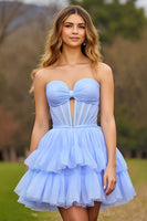 Load image into Gallery viewer, Lilac A Line Tiered Short Corset Prom Dress with Bow
