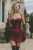 Load image into Gallery viewer, Burgundy Strapless Satin Short Corset Prom Dress with Ruffles
