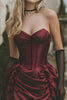 Load image into Gallery viewer, Burgundy Strapless Satin Short Corset Prom Dress with Ruffles