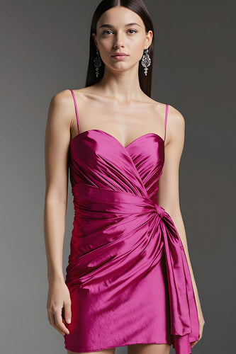 Fuchsia Short Tight Prom Dress with Side Cape