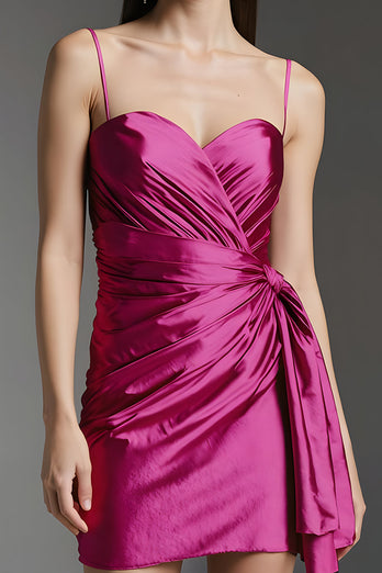 Fuchsia Short Tight Prom Dress with Side Cape