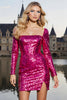 Load image into Gallery viewer, Women Sparkly Fuchsia Corset Short Sequin Prom Dress with Slit Long Sleeves Tight Cocktail Dress