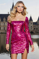 Load image into Gallery viewer, Women Sparkly Fuchsia Corset Short Sequin Prom Dress with Slit Long Sleeves Tight Cocktail Dress
