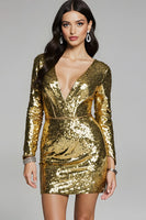 Load image into Gallery viewer, Sparkly Golden V-Neck Sequin Short Prom Dress with Sleeves
