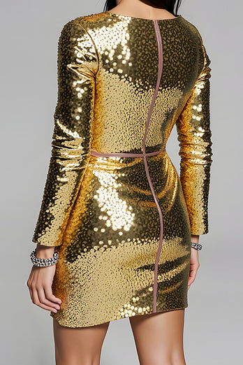 Sparkly Golden V-Neck Sequin Short Prom Dress with Sleeves