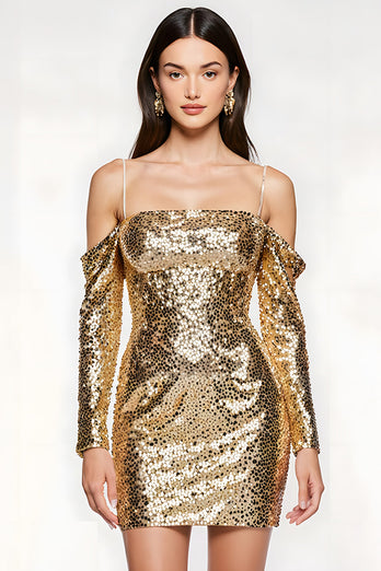 Sparkly Golden Cold Shoulder Sequin Short Prom Dress with Sleeves