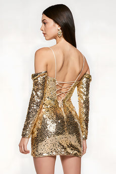 Sparkly Golden Cold Shoulder Sequin Short Prom Dress with Sleeves