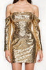 Load image into Gallery viewer, Sparkly Golden Cold Shoulder Sequin Short Prom Dress with Sleeves