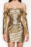Load image into Gallery viewer, Sparkly Golden Cold Shoulder Sequin Short Prom Dress with Sleeves