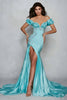 Load image into Gallery viewer, Mermaid Blue Satin Off the Shoulder Long Prom Dress with Slit