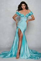 Load image into Gallery viewer, Mermaid Blue Satin Off the Shoulder Long Prom Dress with Slit