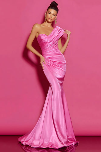 Simple Hot Pink Mermaid One Shoulder Long Prom Dress