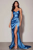 Load image into Gallery viewer, Satin Dark Blue Ruched Spaghetti Straps Long Prom Dress with Slit