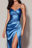 Load image into Gallery viewer, Satin Dark Blue Ruched Spaghetti Straps Long Prom Dress with Slit