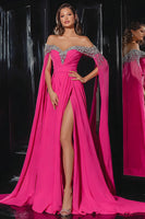 Load image into Gallery viewer, Sparkly Fuchsia A Line Off the Shoulder Long Prom Dress with Slit