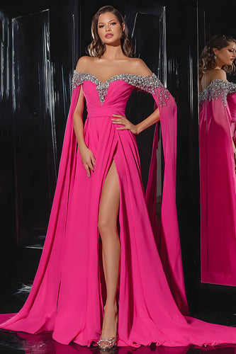 Sparkly Fuchsia A Line Off the Shoulder Long Prom Dress with Slit