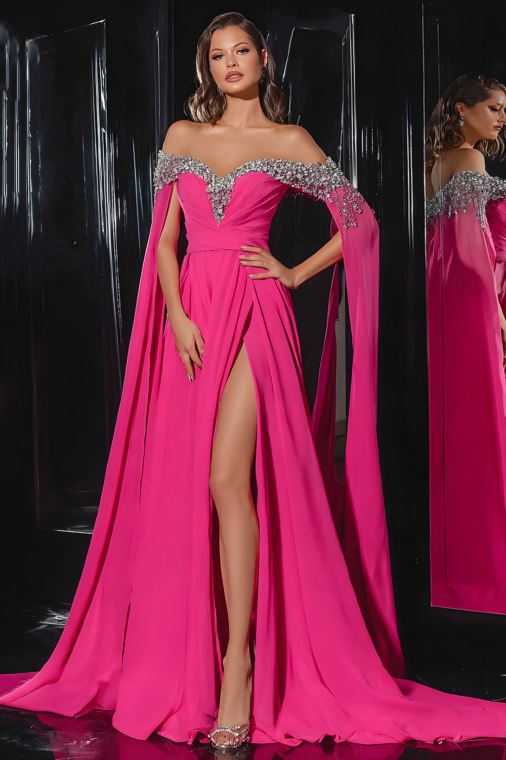 Sparkly Fuchsia A Line Off the Shoulder Long Prom Dress with Slit