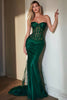 Load image into Gallery viewer, Dark Green Mermaid Strapless Long Corset Prom Dress with Lace