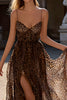 Load image into Gallery viewer, Brown Leopard A Line Spaghetti Straps Long Prom Dress with Slit