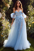 Load image into Gallery viewer, Floral Light Blue Off the Shoulder A Line Long Prom Dress