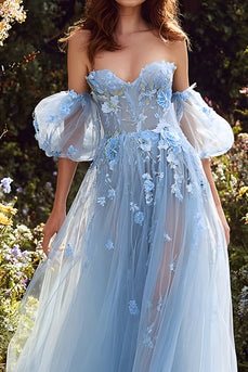 Floral Light Blue Off the Shoulder A Line Long Prom Dress