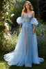 Load image into Gallery viewer, Floral Light Blue Off the Shoulder A Line Maxi Prom Dress