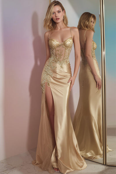 Women Sparkly Golden Satin Corset Long Prom Dress with Slit Mermaid Spaghetti Straps Formal Dress with Appliques