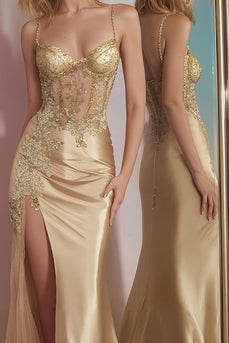 Sparkly Mermaid Golden Long Corset Prom Dress with Slit