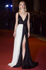 Load image into Gallery viewer, Deep V-Neck Patchwork Maxi Black and White Dress with Slit