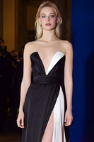 Load image into Gallery viewer, Patchwork Sheath Strapless Long Black and White Dress with Slit