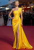 Load image into Gallery viewer, Satin Yellow One Shoulder Long Gala Dress with Slit