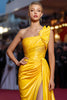 Load image into Gallery viewer, Satin Yellow One Shoulder Long Gala Dress with Slit