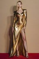 Load image into Gallery viewer, Glitter Golden Ruched Long Sleeves Gala Dress with Slit