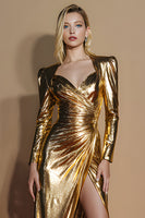 Load image into Gallery viewer, Glitter Golden Ruched Long Sleeves Gala Dress with Slit