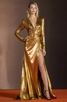 Load image into Gallery viewer, Glitter V-Neck Golden Long Sleeves Gala Dress with Slit