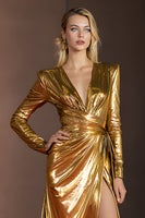 Load image into Gallery viewer, Glitter V-Neck Golden Long Sleeves Gala Dress with Slit