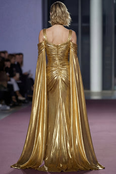 Metallic Golden Cold Shoulder Maxi Gala Dress with Slit