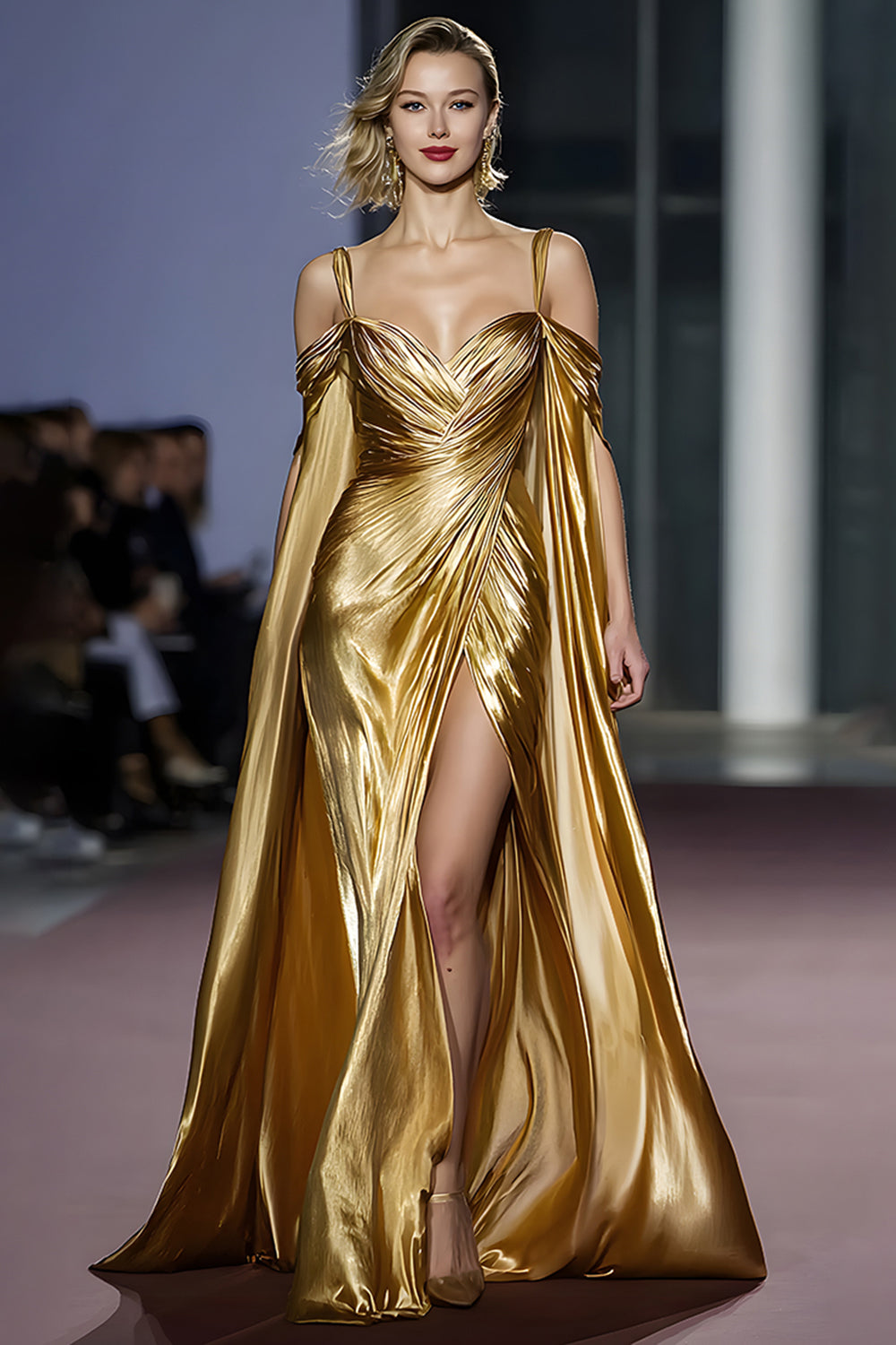 Women Golden Metallic Long Gala Dress with Slit A Line Cold Shoulder Ruched Holiday Party Dress