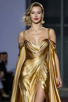 Load image into Gallery viewer, Metallic Golden Cold Shoulder Maxi Gala Dress with Slit