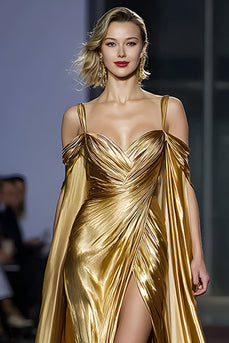 Metallic Golden Cold Shoulder Maxi Gala Dress with Slit
