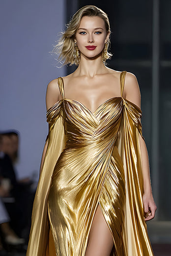 Metallic Golden Cold Shoulder Maxi Gala Dress with Slit