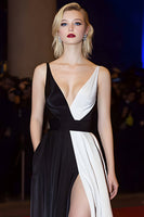 Load image into Gallery viewer, Patchwork A Line Deep V-Neck Long Black and White Dress with Slit