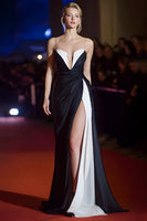 Load image into Gallery viewer, Patchwork Strapless Ruched Long Black and White Dress with Slit