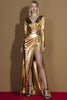 Load image into Gallery viewer, Metallic Golden V-Neck Glitter Long Sleeves Gala Dress with Slit