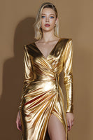 Load image into Gallery viewer, Metallic Golden V-Neck Glitter Long Sleeves Gala Dress with Slit